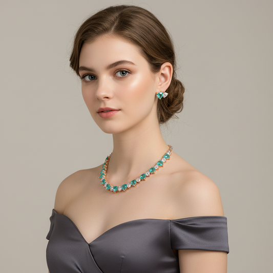 Elegant Gold-Plated Copper & Cubic Zirconia Jewelry Set with Heart-Shaped Emerald CZ and Micro-Pave Detailing