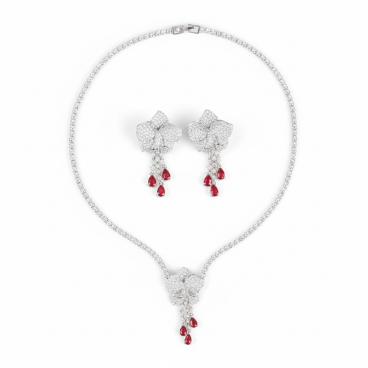 Elegant Rhodium-Plated Copper Floral Jewelry Set with Red Gemstone Accents and Micro-Pave Detailing