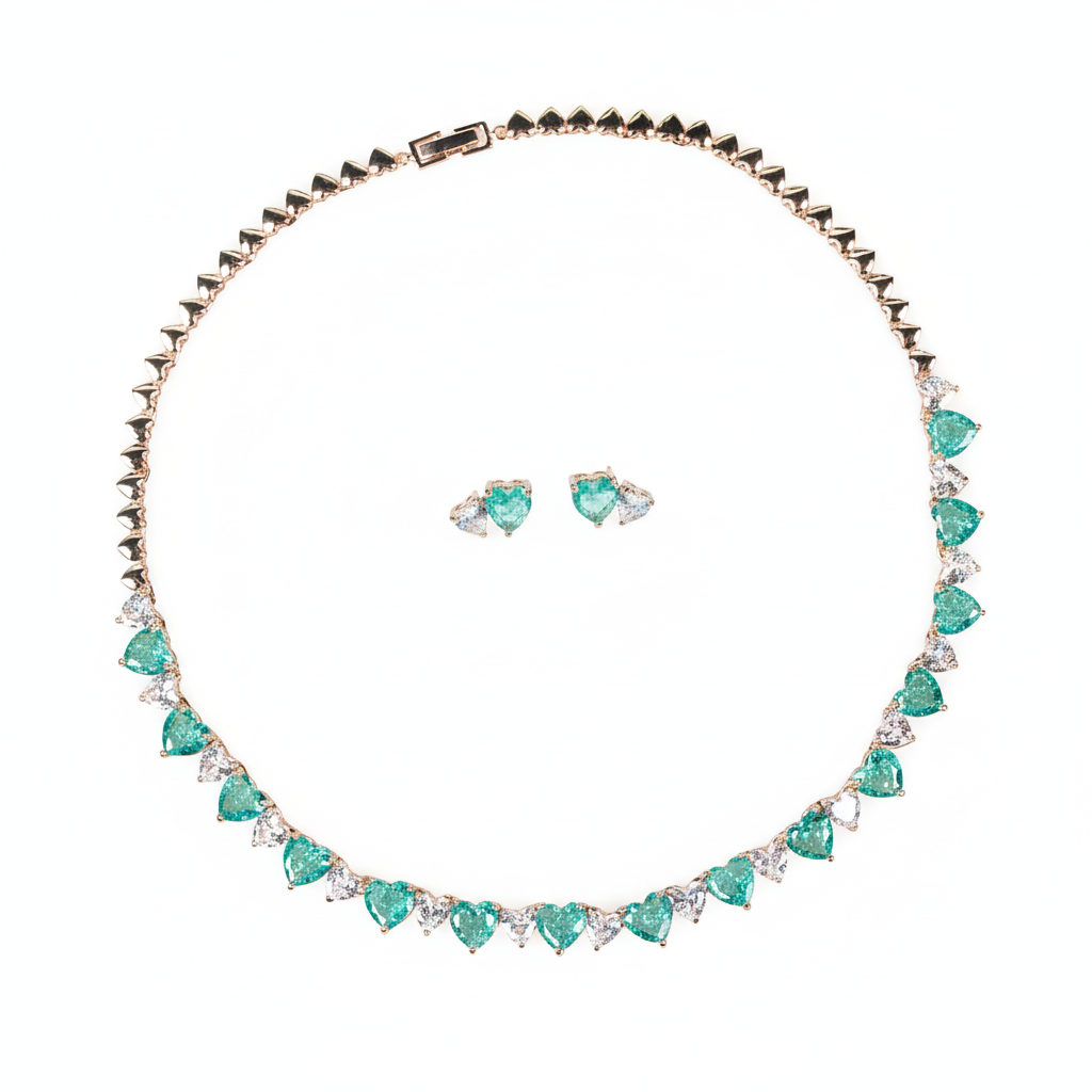 Elegant Gold-Plated Copper & Cubic Zirconia Jewelry Set with Heart-Shaped Emerald CZ and Micro-Pave Detailing