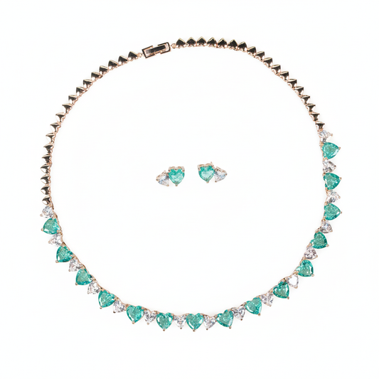 Elegant Gold-Plated Copper & Cubic Zirconia Jewelry Set with Heart-Shaped Emerald CZ and Micro-Pave Detailing