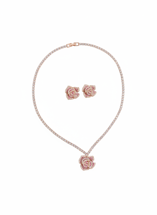 Luxury Rose Gold-Plated Copper Rose Jewelry Set with Pink Cubic Zirconia and Micro-Pave Setting