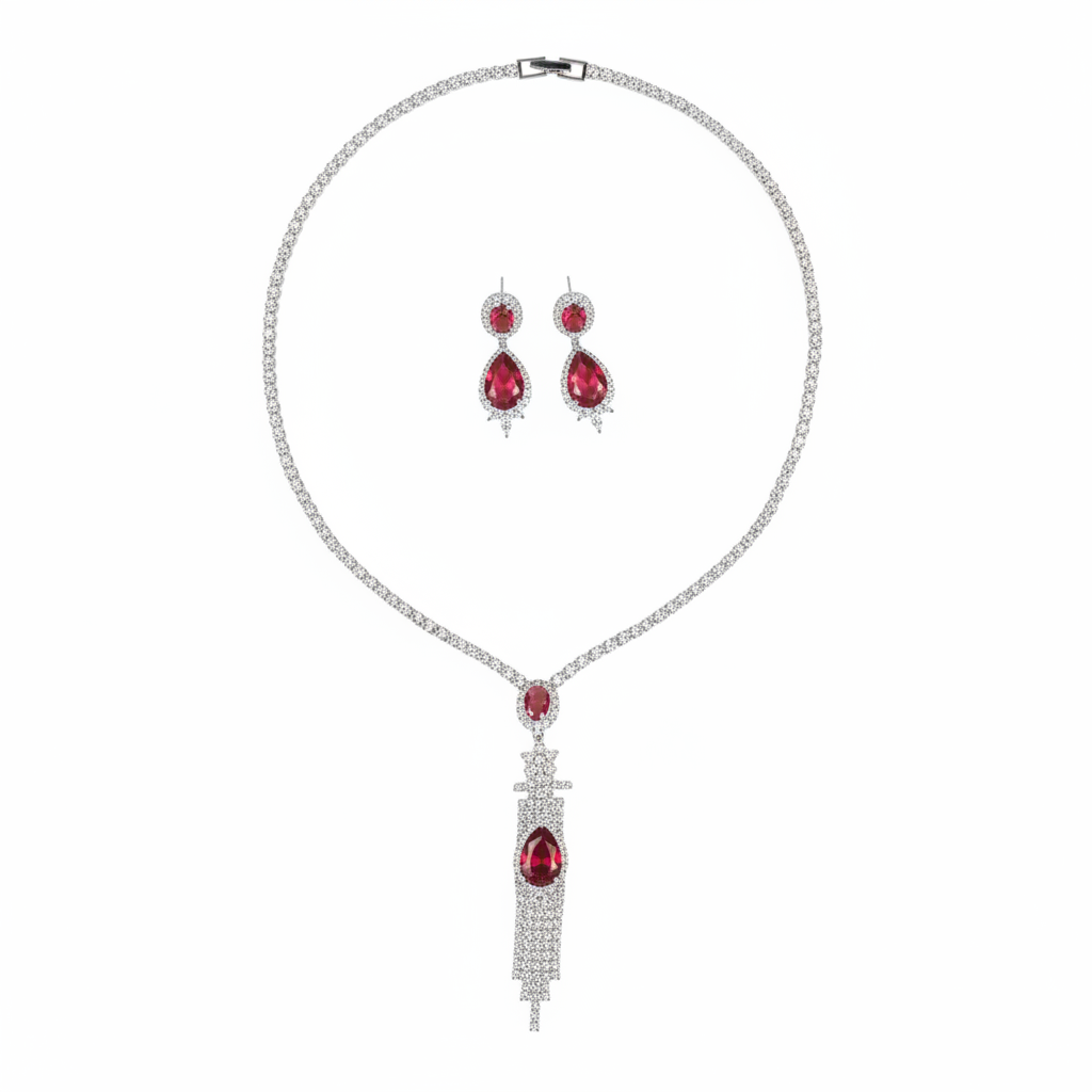 Elegant White Gold-Plated Copper Zircon Set with Red Gemstone Pendant and Crystal Fringe Detailing