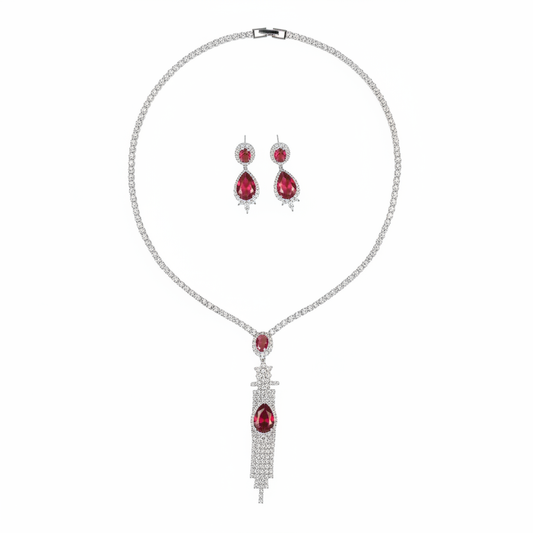Elegant White Gold-Plated Copper Zircon Set with Red Gemstone Pendant and Crystal Fringe Detailing