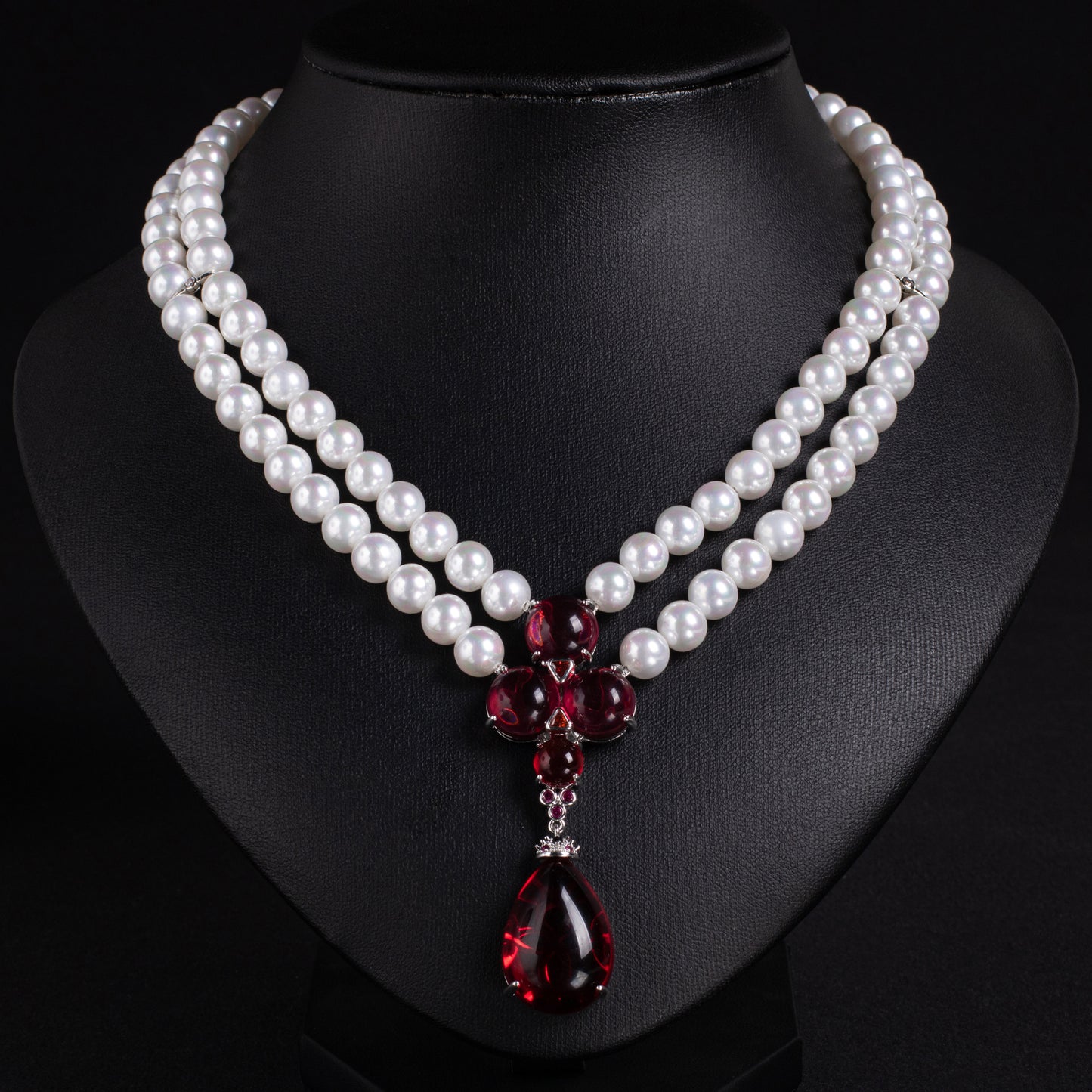 Double-Strand Pearl Necklace with Multicolor Gemstones & Copper CZ Pendant