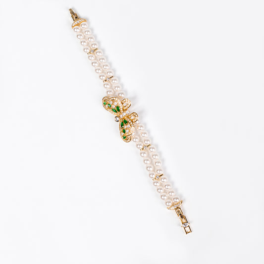 Double-Layer Pearl Bracelet with Butterfly Copper & Multi-Color Zircon Centerpiece for Elegant Events & Gift-Giving