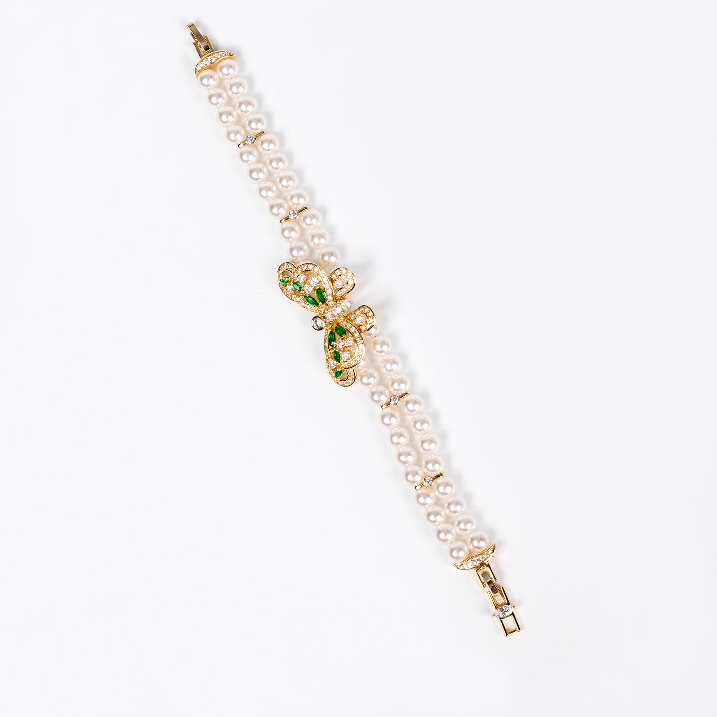Double-Layer Pearl Bracelet with Butterfly Copper & Multi-Color Zircon Elegant Gold Bracelet Women