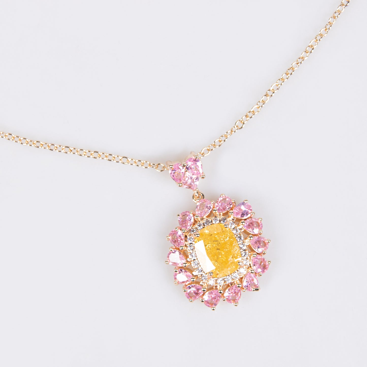 Elegant 14K Gold-Plated Copper & Cubic Zirconia Jewelry Set with Floral Yellow & Pink Zircon Arrangement