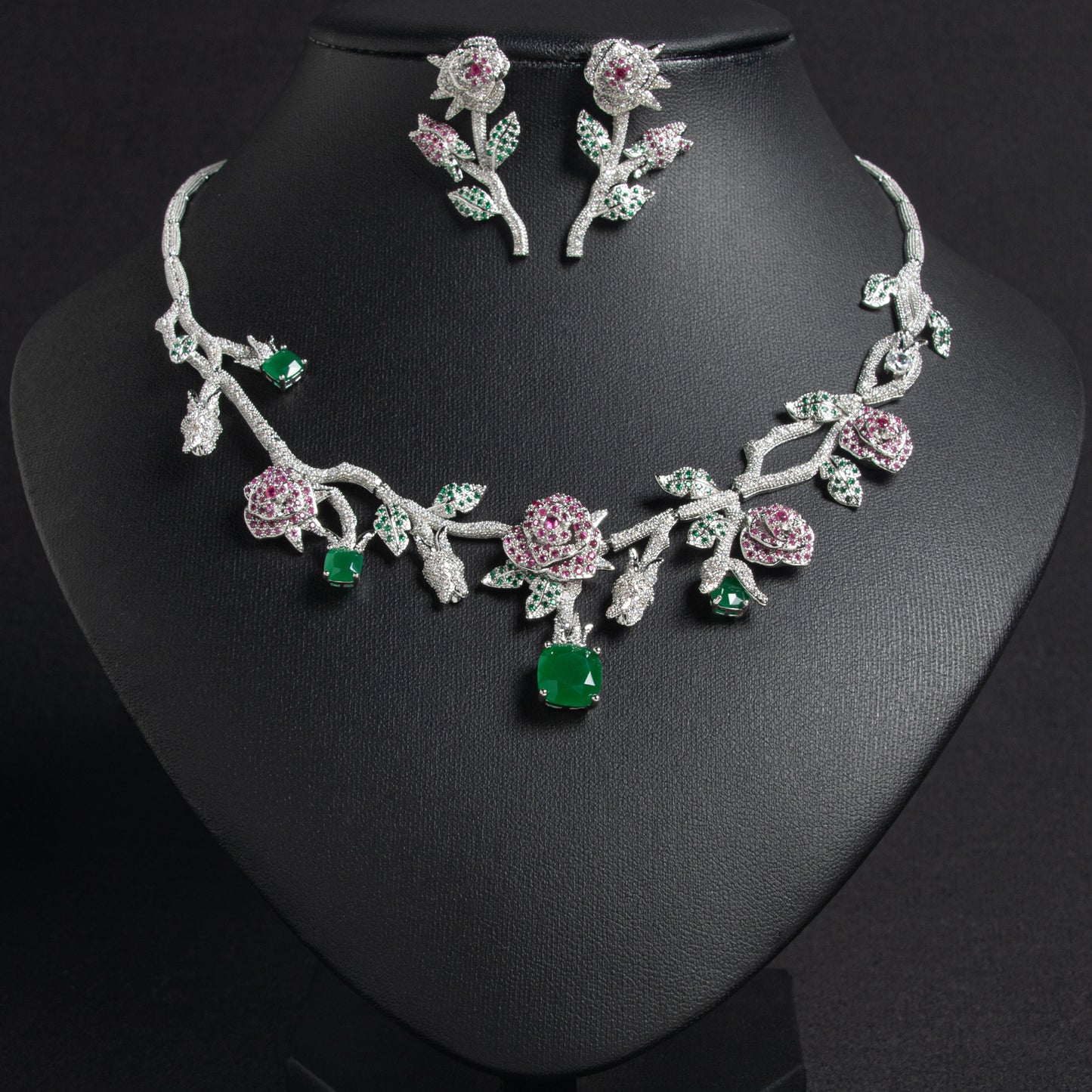 Luxury 14K Gold-Plated Copper Rose Jewelry Set with Pink & Emerald Cubic Zirconia and Micro-Pave Leaf Accents