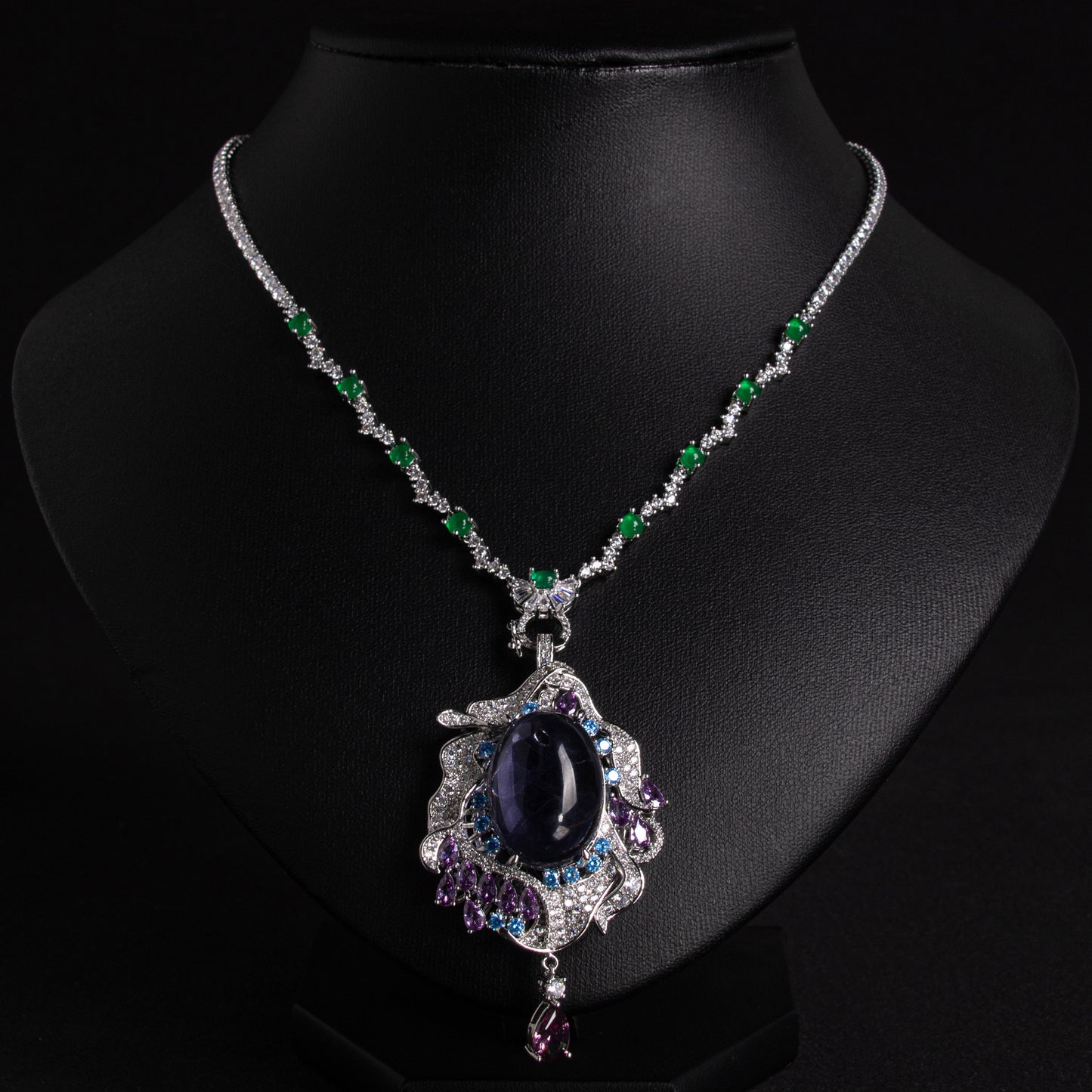 Vintage-Inspired Green Zircon & Purple Gemstone Copper Statement Necklace with Elaborate Pendant