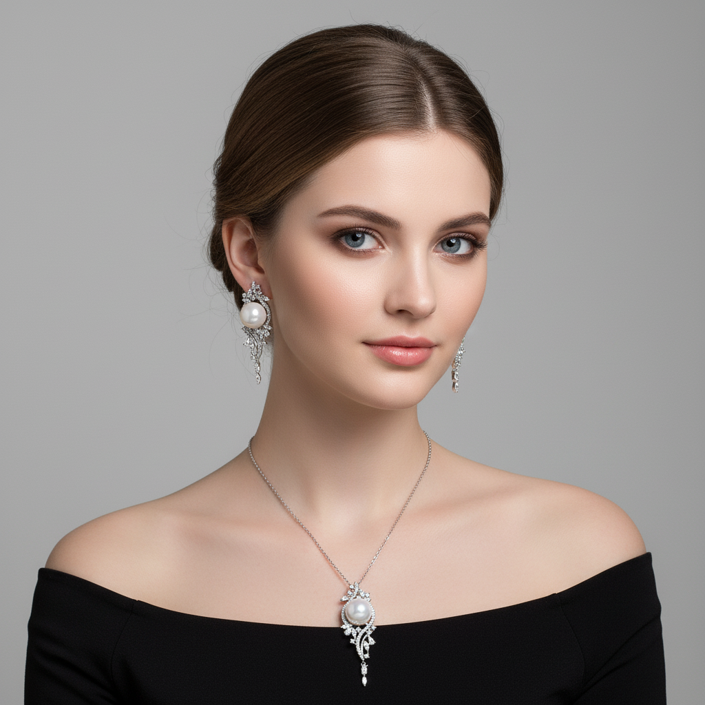 Rhodium-Plated Copper & Pearl Jewelry Set with Pink CZ Floral Arrangement and Matching Earrings