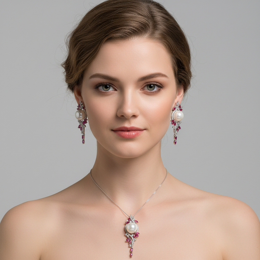 Rhodium-Plated Copper & Pearl Jewelry Set with Pink CZ Floral Arrangement and Matching Earrings