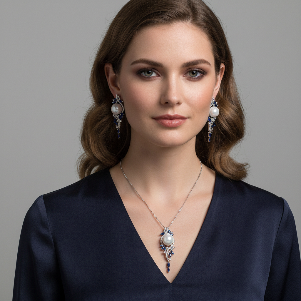Rhodium-Plated Copper & Pearl Jewelry Set with Pink CZ Floral Arrangement and Matching Earrings