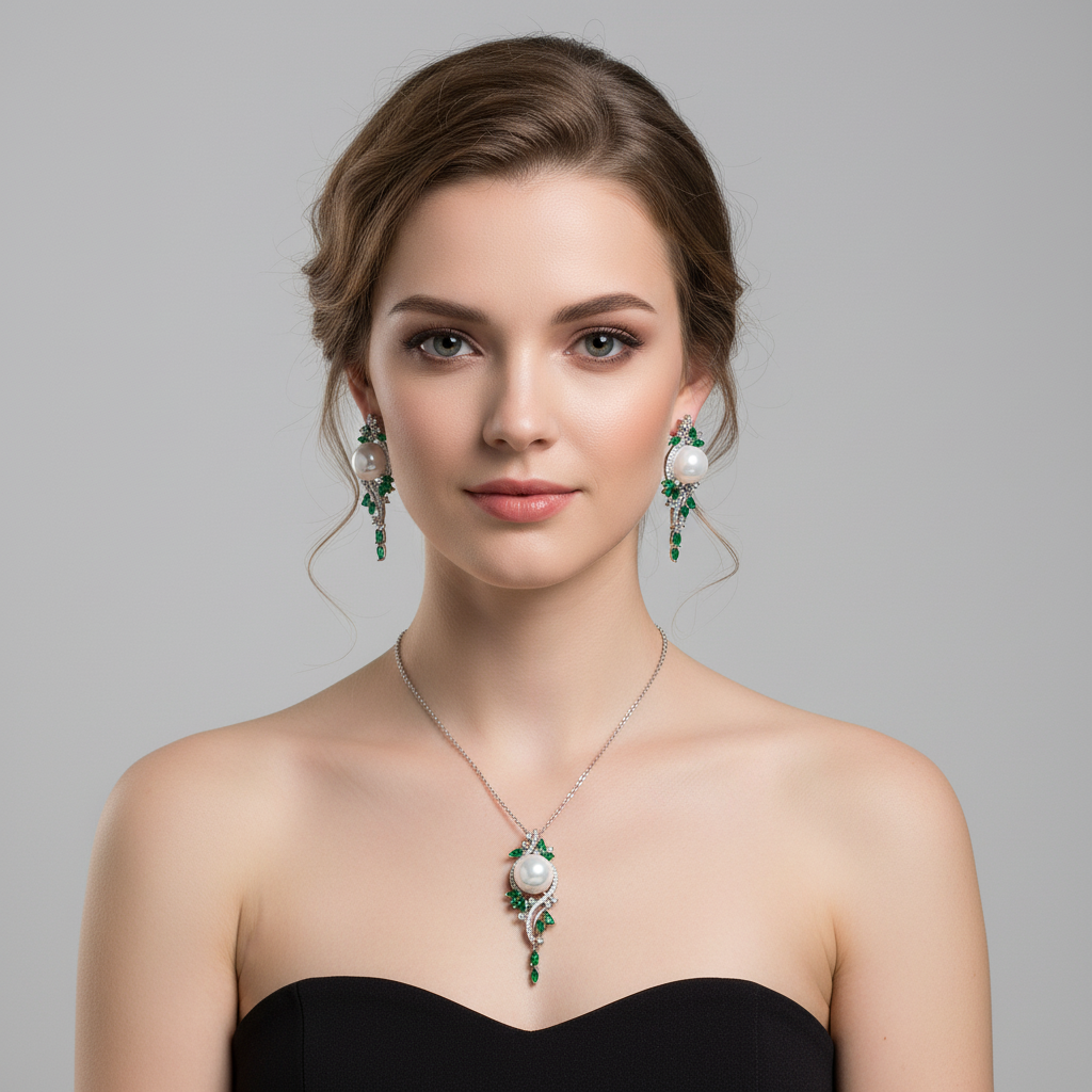 Rhodium-Plated Copper & Pearl Jewelry Set with Pink CZ Floral Arrangement and Matching Earrings