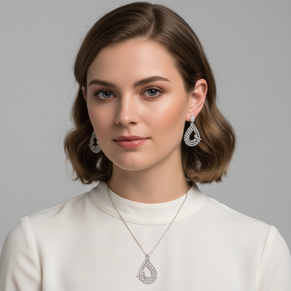 14K Gold-Plated Copper & CZ Teardrop Jewelry Set with Micro-Pave Detailing and Matching Necklace & Earrings