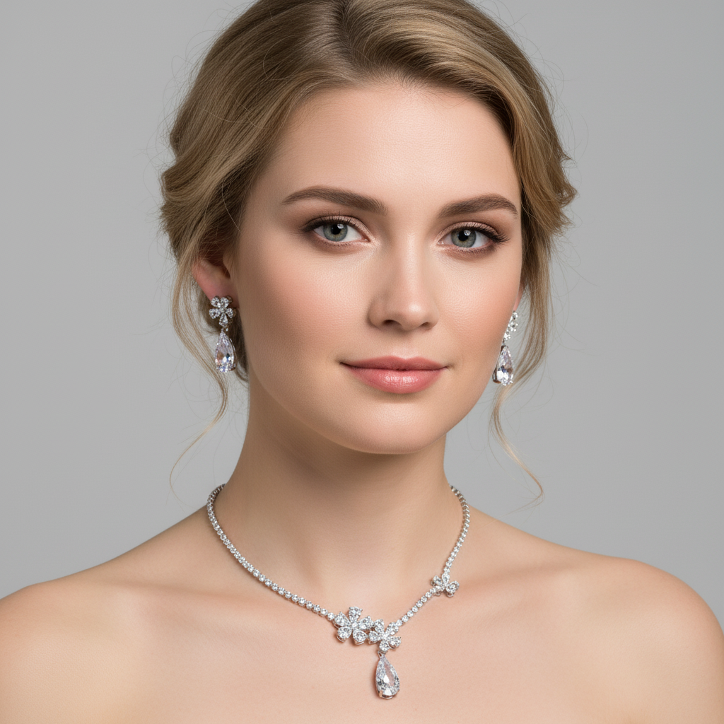 Elegant Rhodium-Plated Copper & CZ Floral Jewelry Set with Pink Teardrop Gemstone Accents