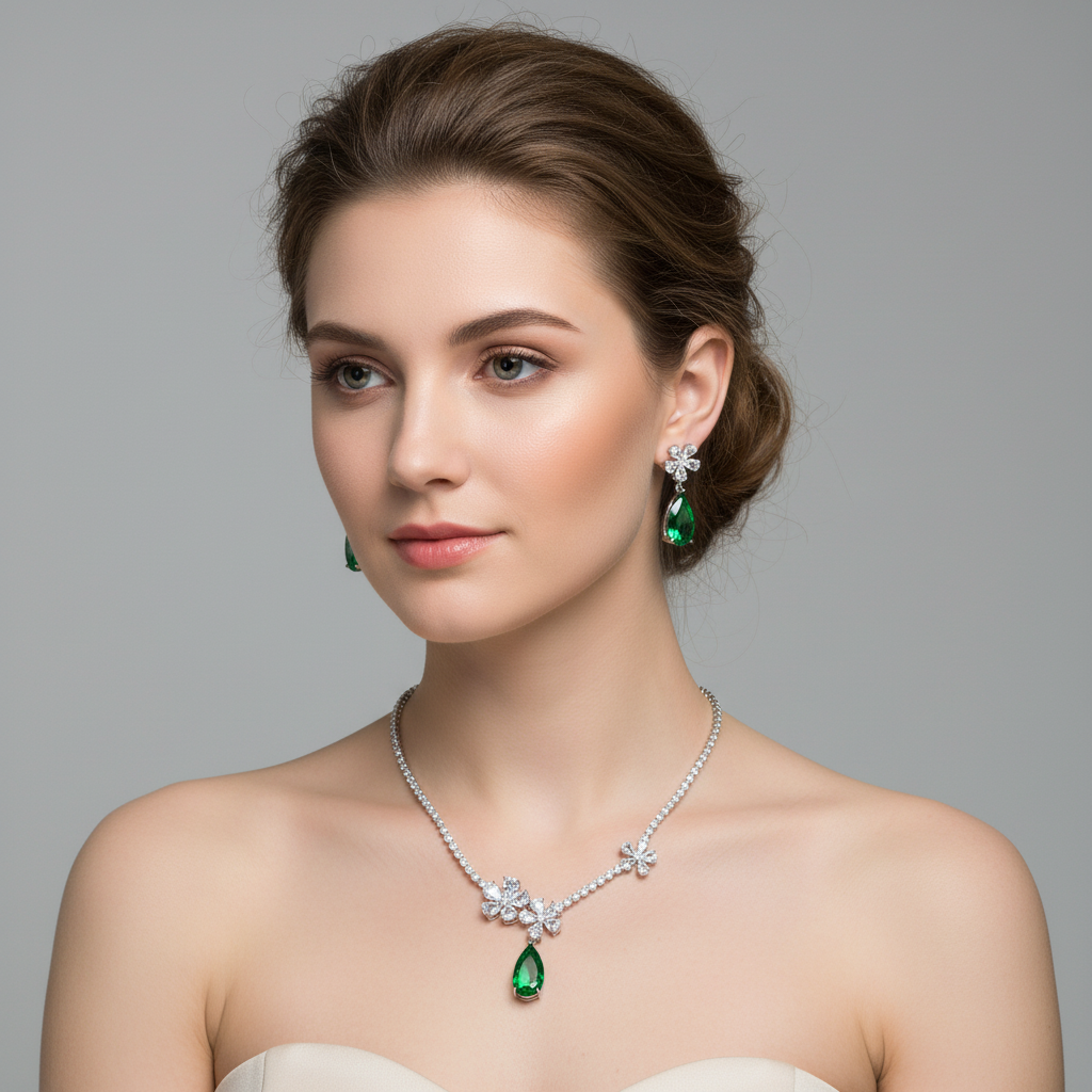 Elegant Rhodium-Plated Copper & CZ Floral Jewelry Set with Pink Teardrop Gemstone Accents