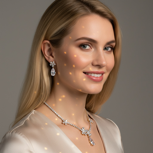 Elegant Rhodium-Plated Copper & CZ Floral Jewelry Set with Pink Teardrop Gemstone Accents