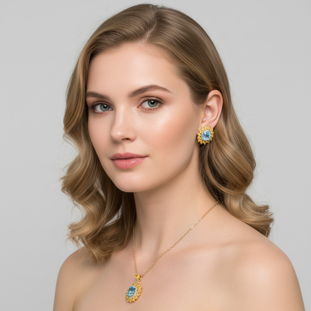 Elegant 14K Gold-Plated Copper & Cubic Zirconia Jewelry Set with Floral Yellow & Pink Zircon Arrangement