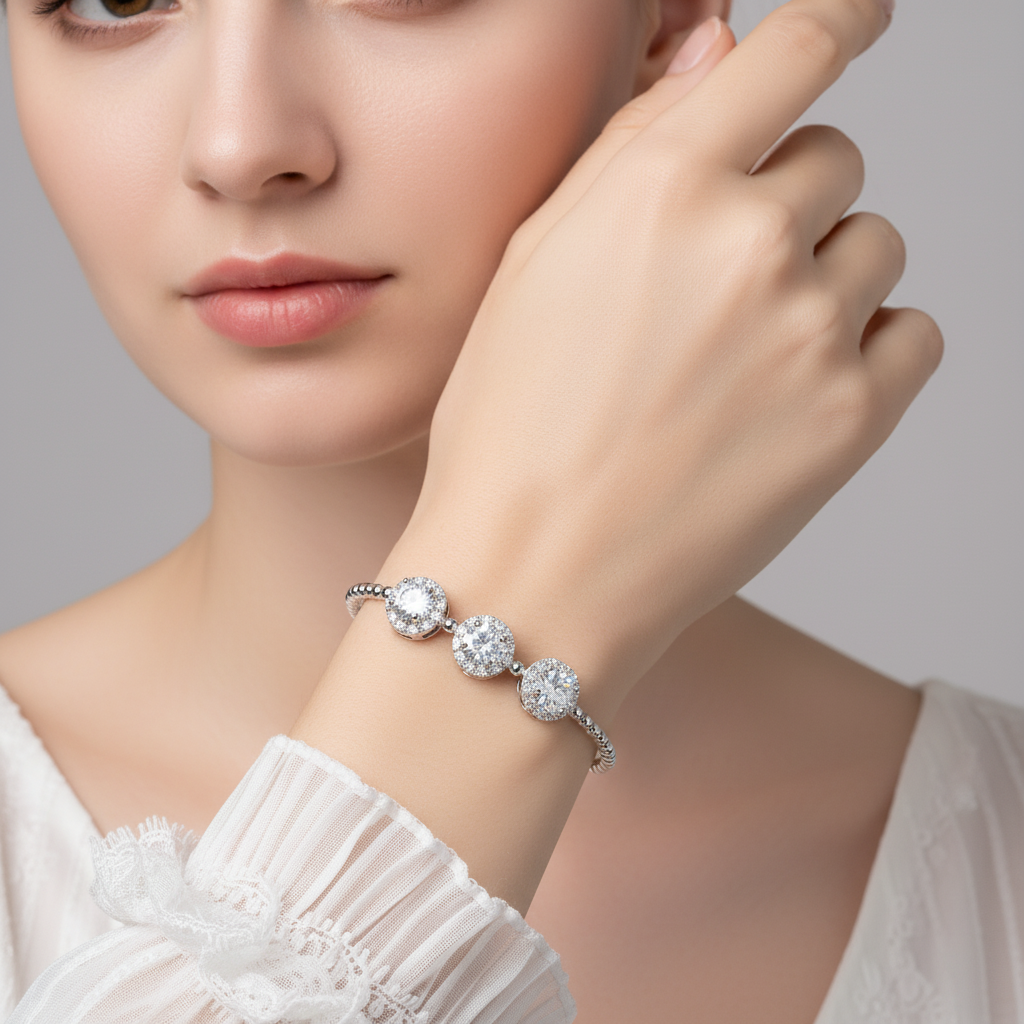 14K Golden Copper Beaded Bracelet with Green Gemstone Centers and Zircon Floral Halos for Elegant Daily Wear & Gift-Giving Occasions