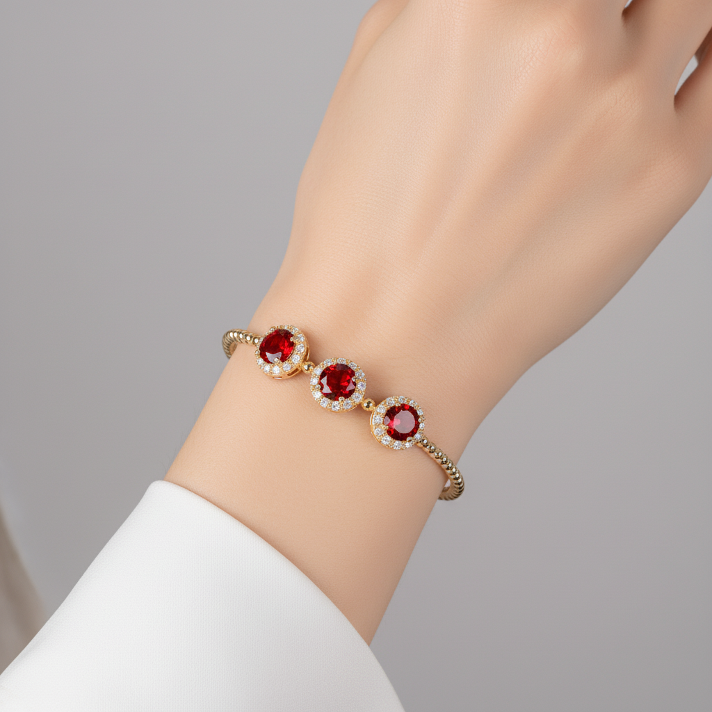 14K Golden Copper Beaded Bracelet with Green Gemstone Centers and Zircon Floral Halos for Elegant Daily Wear & Gift-Giving Occasions