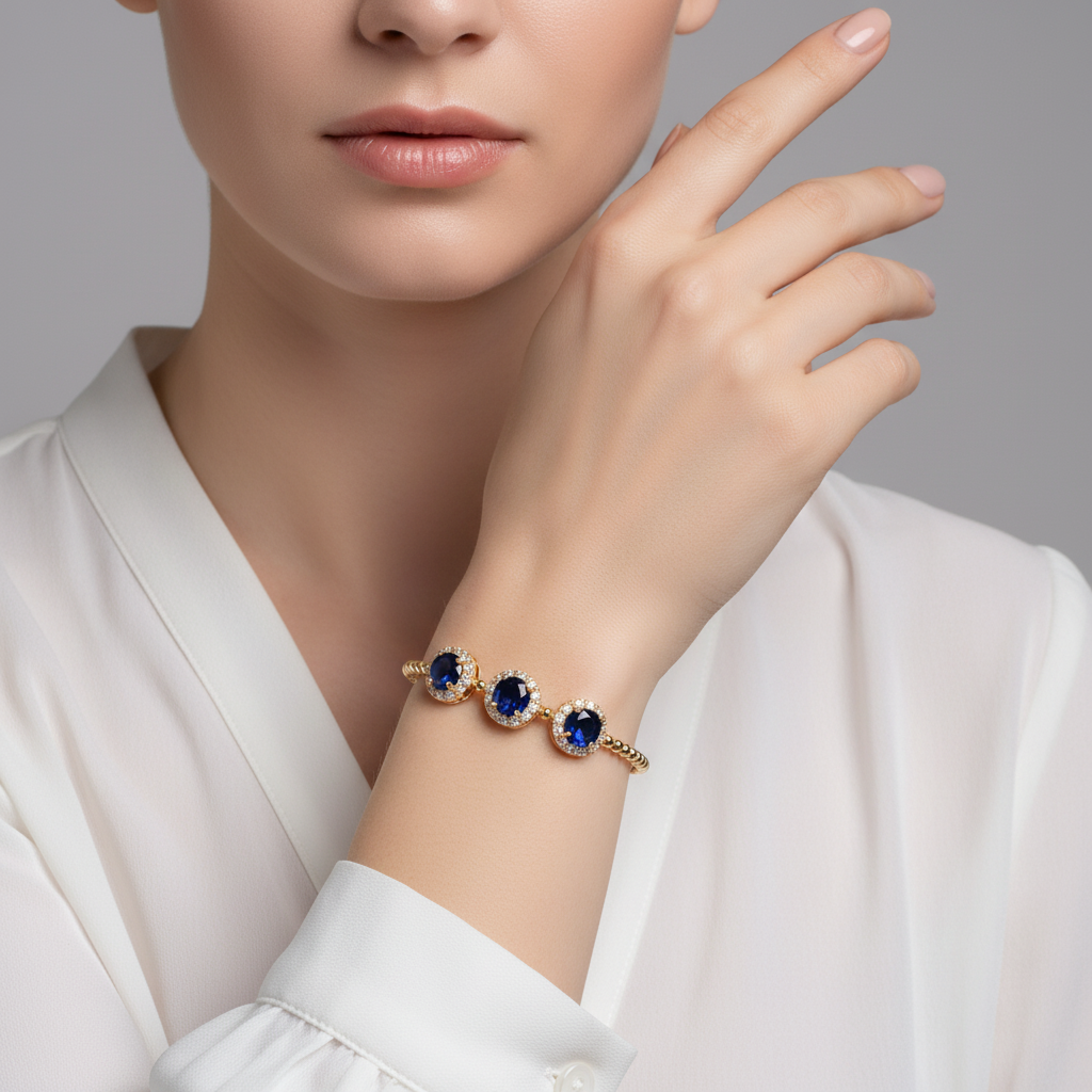 14K Golden Copper Beaded Bracelet with Green Gemstone Centers and Zircon Floral Halos for Elegant Daily Wear & Gift-Giving Occasions