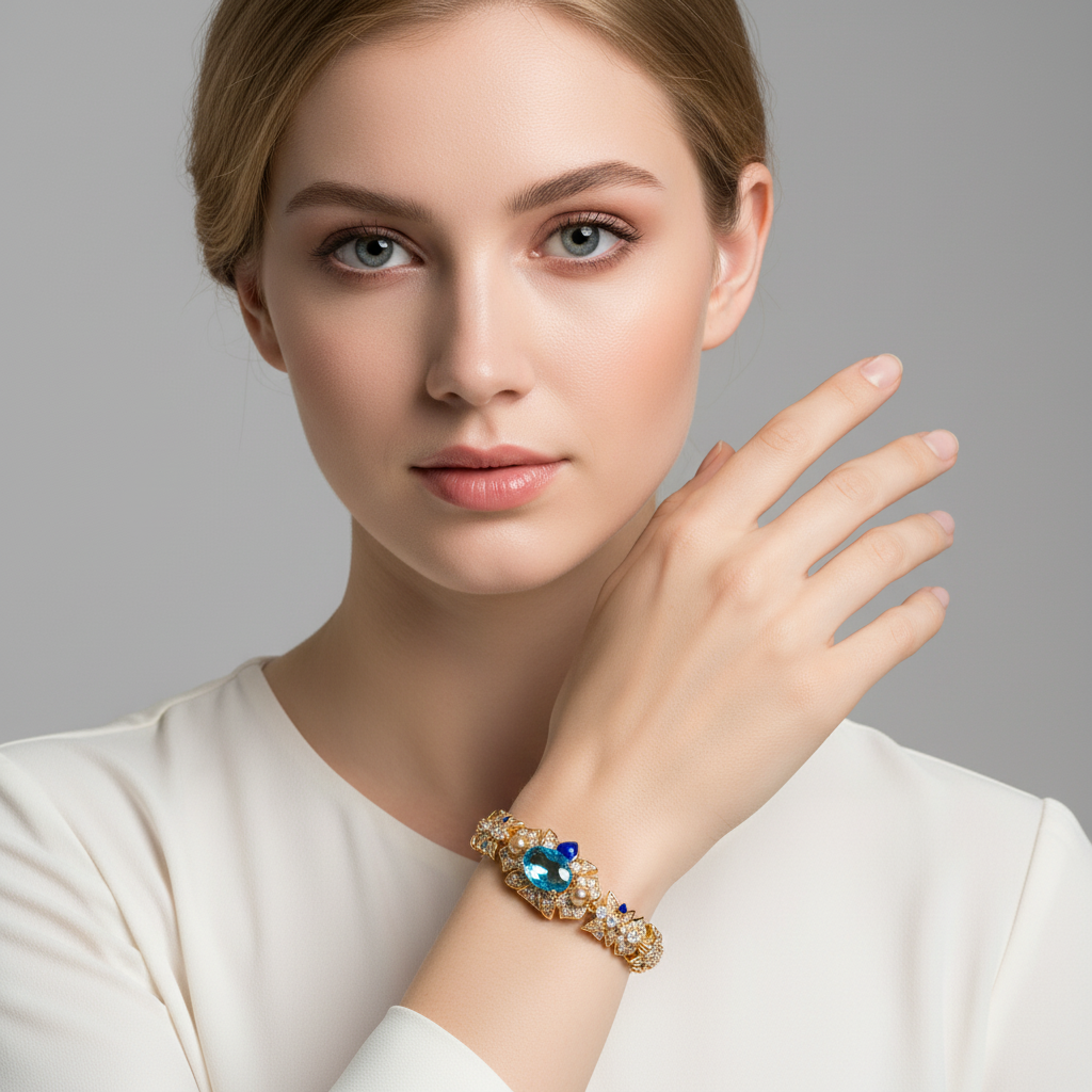 Luxury 14K Gold-Tone Copper Zircon Bracelet with Emerald Green Centerpiece & Diamond-Accented Setting