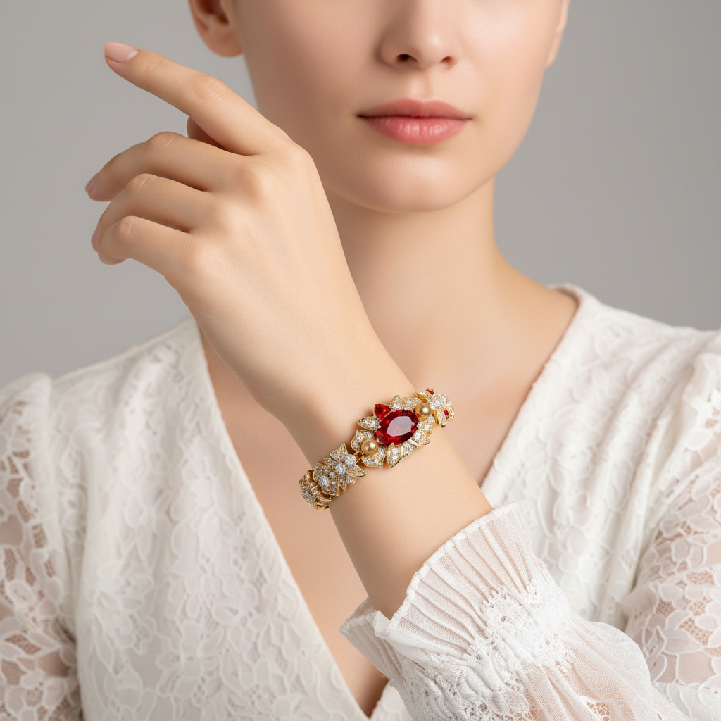 Luxury 14K Gold-Tone Copper Zircon Bracelet with Emerald Green Centerpiece & Diamond-Accented Setting