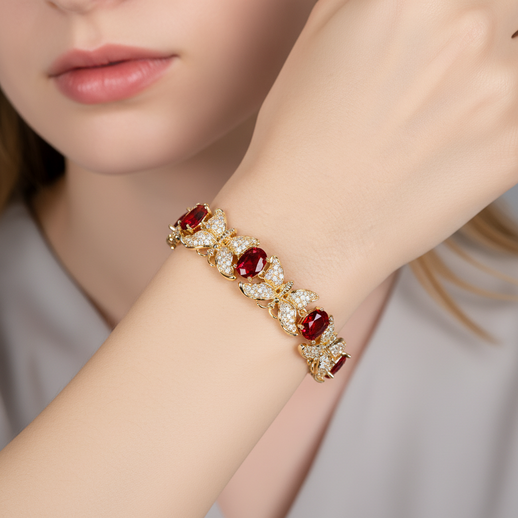 Butterfly Elegance: 14K Gold-Plated Copper Bracelet with Emerald Zircon & Floral Motifs for Garden Parties & Romantic Gift-Giving
