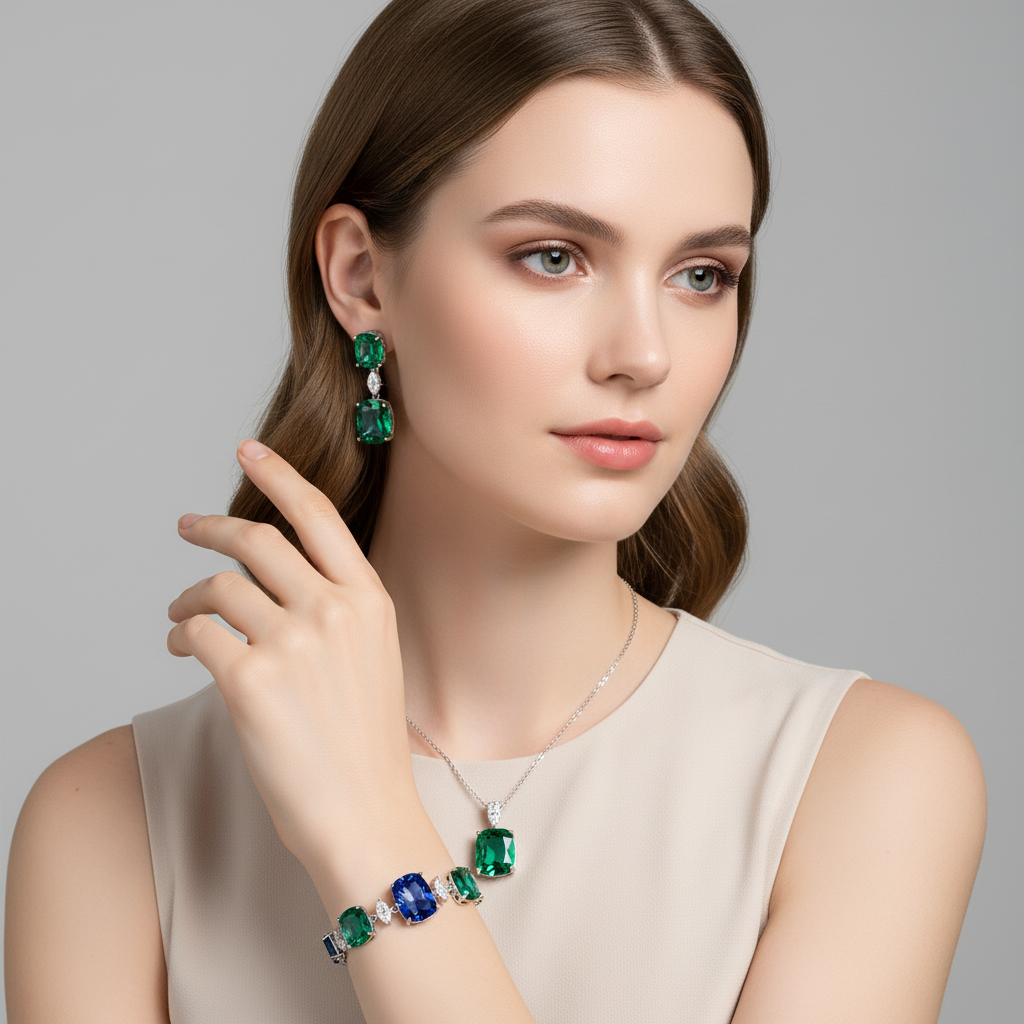 Green & White Zircon Copper Bracelet with Alternating Oval Stones and Silver Clasp for Everyday Elegance and Gift-Giving