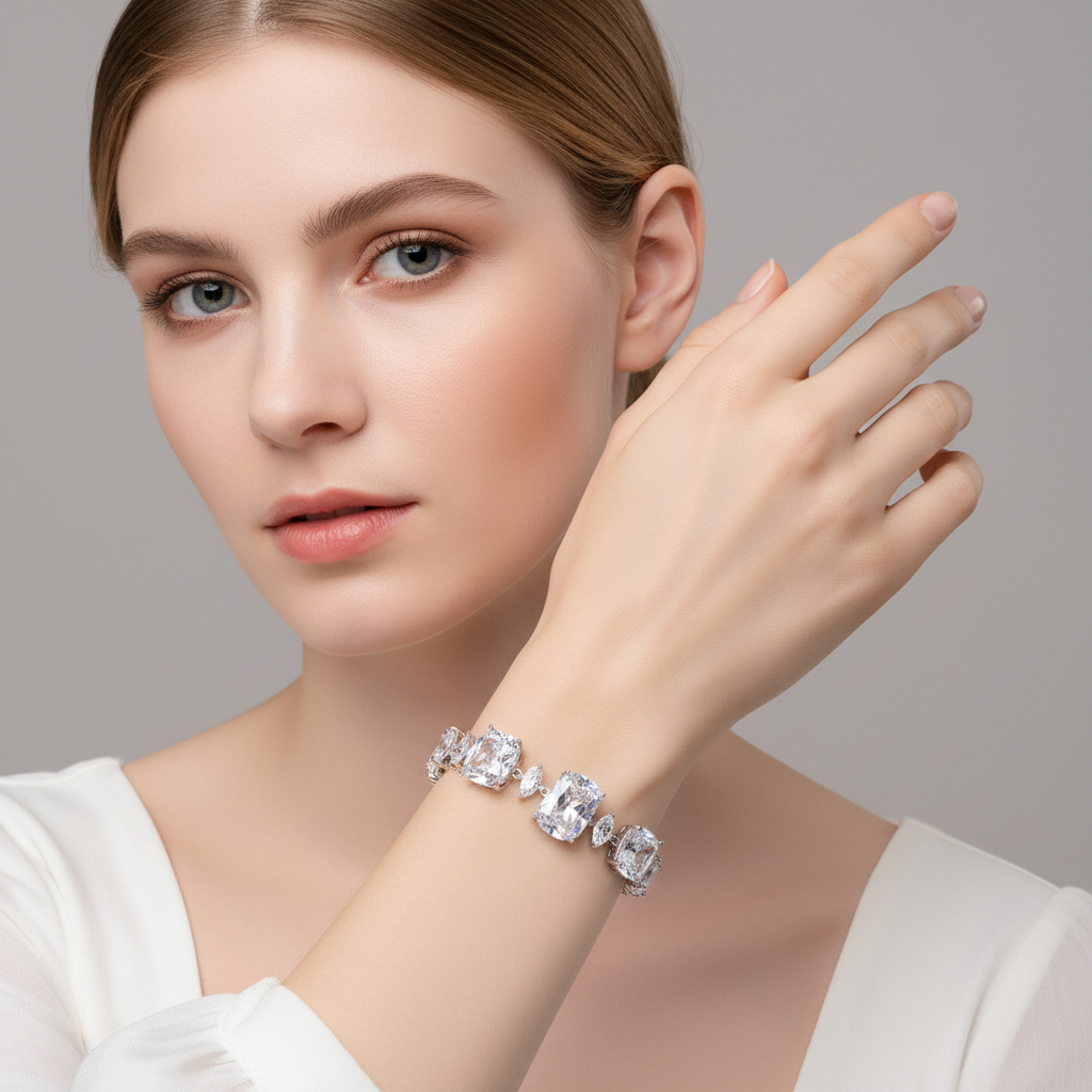 Green & White Zircon Copper Bracelet with Alternating Oval Stones and Silver Clasp for Everyday Elegance and Gift-Giving