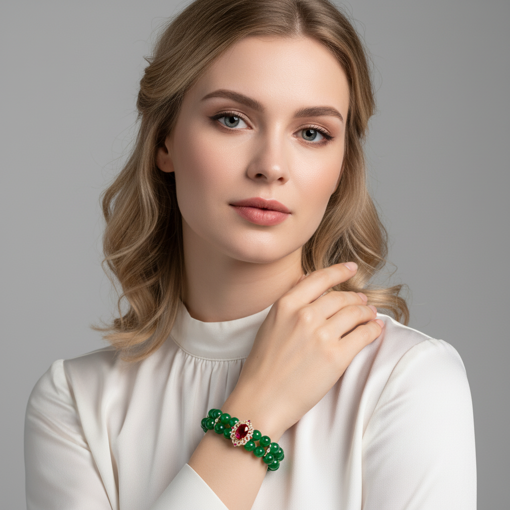 Double-Strand Green Gemstone Bracelet with Ornate Square Zircon Centerpiece & Gold-Tone Copper Clasp