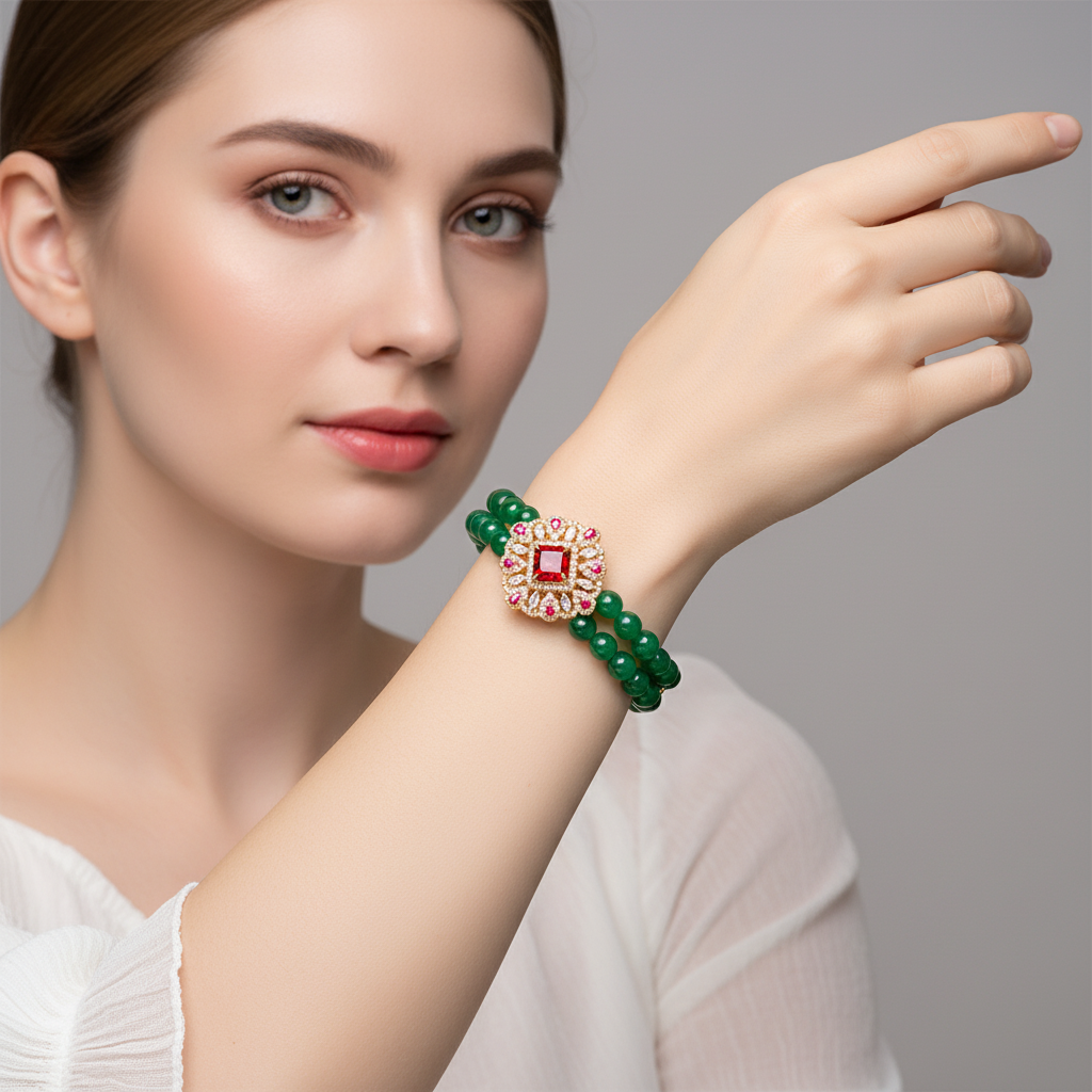 Double-Strand Green Gemstone Bracelet with Ornate Square Zircon Centerpiece & Gold-Tone Copper Clasp for Elegant Occasions & Statement Jewelry Lovers