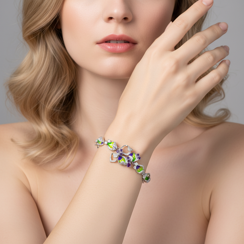 Crystal Floral Copper Bracelet with Pink-Purple Gradient & Diamond-Cut Zircon Halos for Romantic Occasions & Daily Elegant Wear