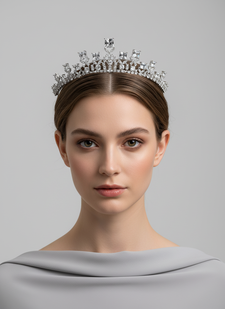 Elegant Rhodium-Plated Copper Tiara with Multi-Color Zircon Crystals for Bridal & Special Events Wholesale Women