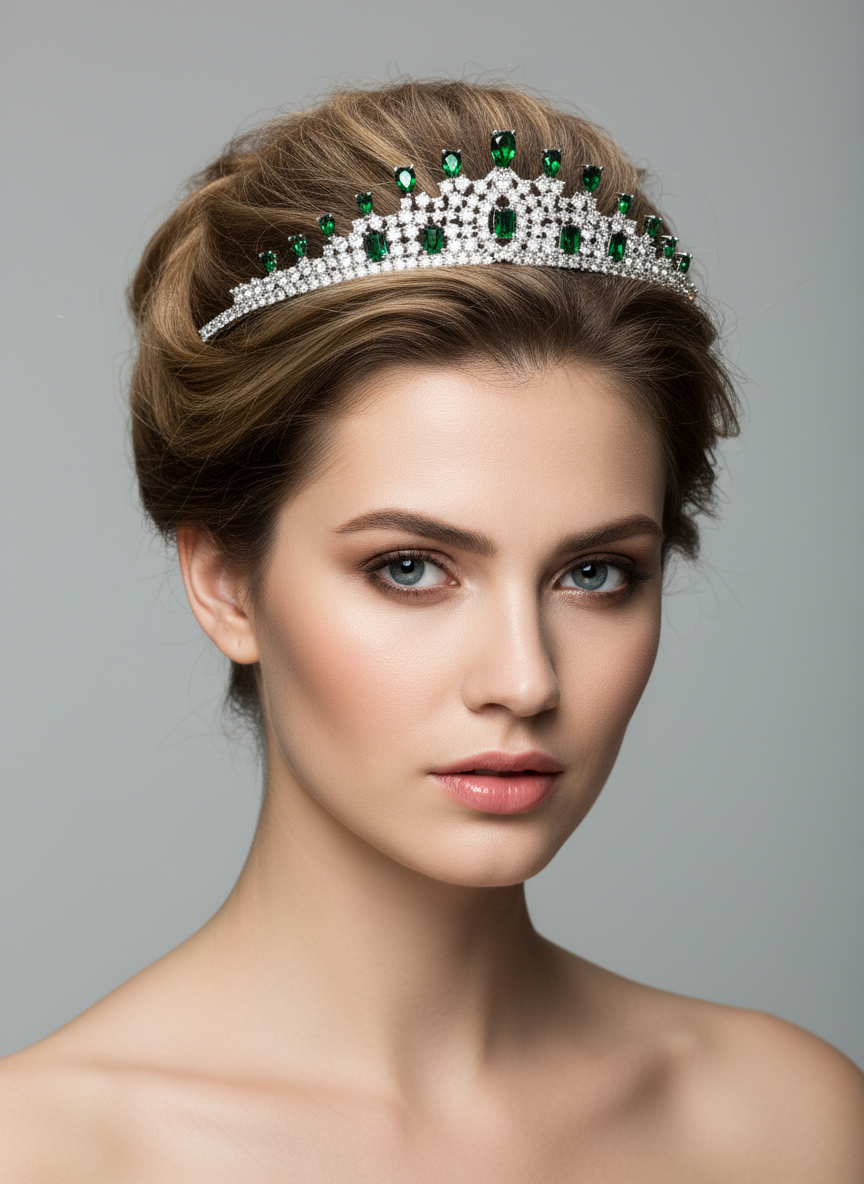 Rhodium-Plated Copper Tiara with Red Zircon Accents and Crystalline Detailing Wholesale 2025