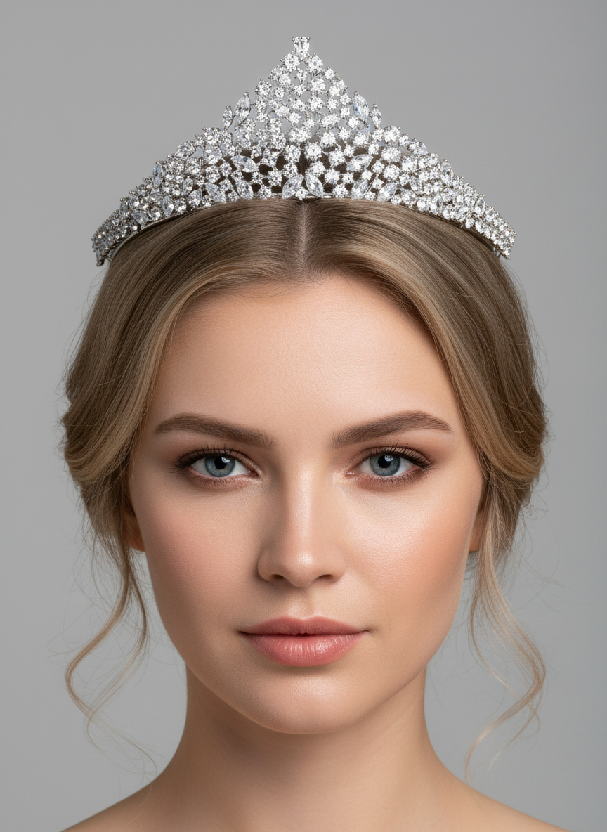 Regal Rhodium-Plated Copper Tiara with White & Emerald Zirconia and Floral Motifs