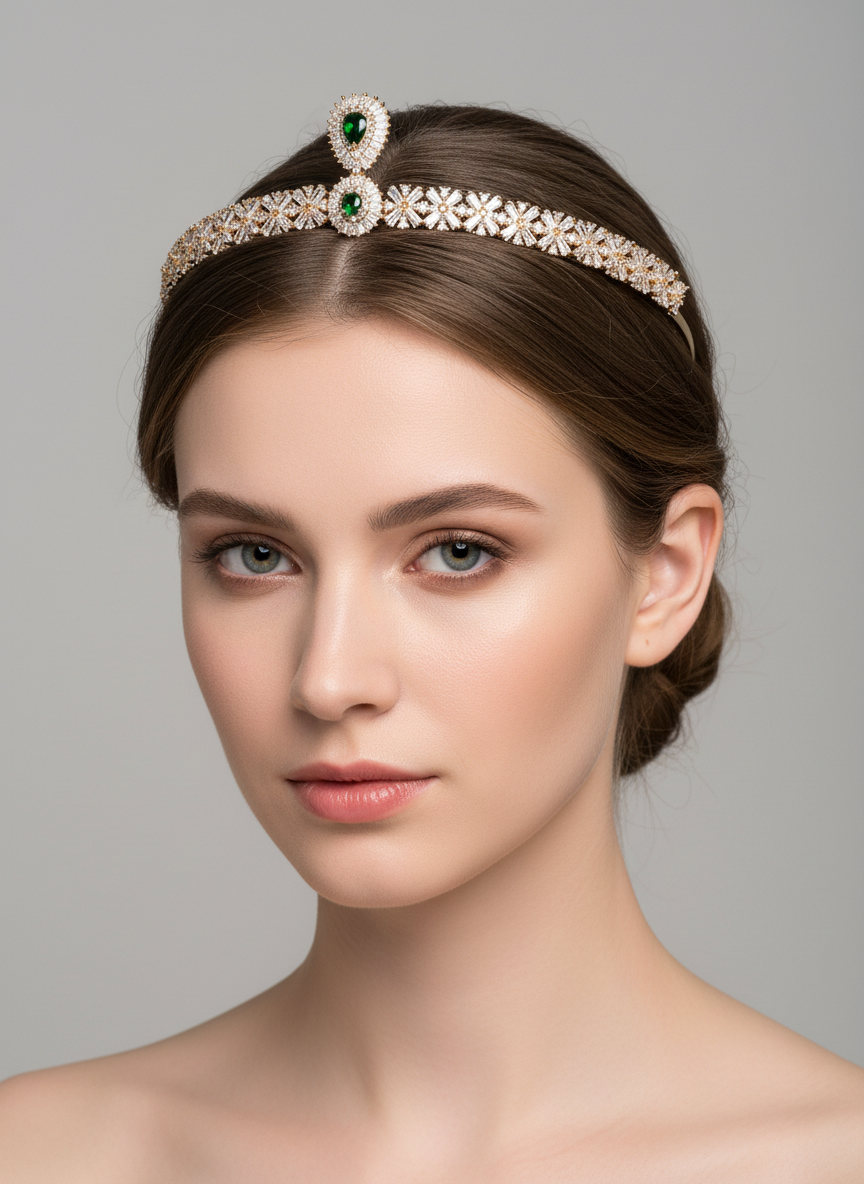 Regal 14K Gold-Tone Copper Tiara with Pear-Cut Red Zircon Center and Floral Crystal Accents