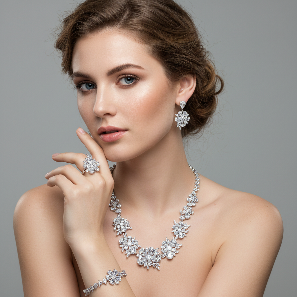 Elegant Rhodium-Plated Copper Floral Jewelry Set with Green Zircon Blossoms and Micro-Pave Crystal Accents