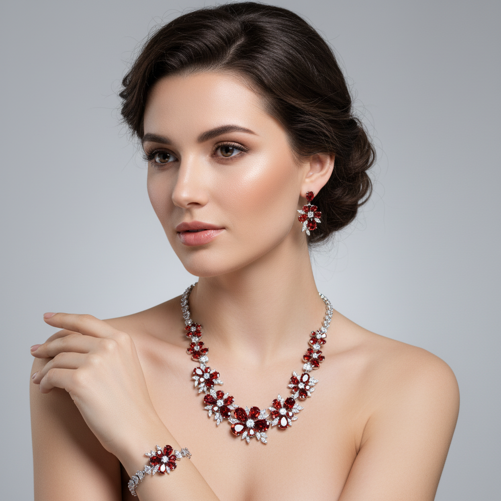 Elegant Rhodium-Plated Copper Floral Jewelry Set with Green Zircon Blossoms and Micro-Pave Crystal Accents