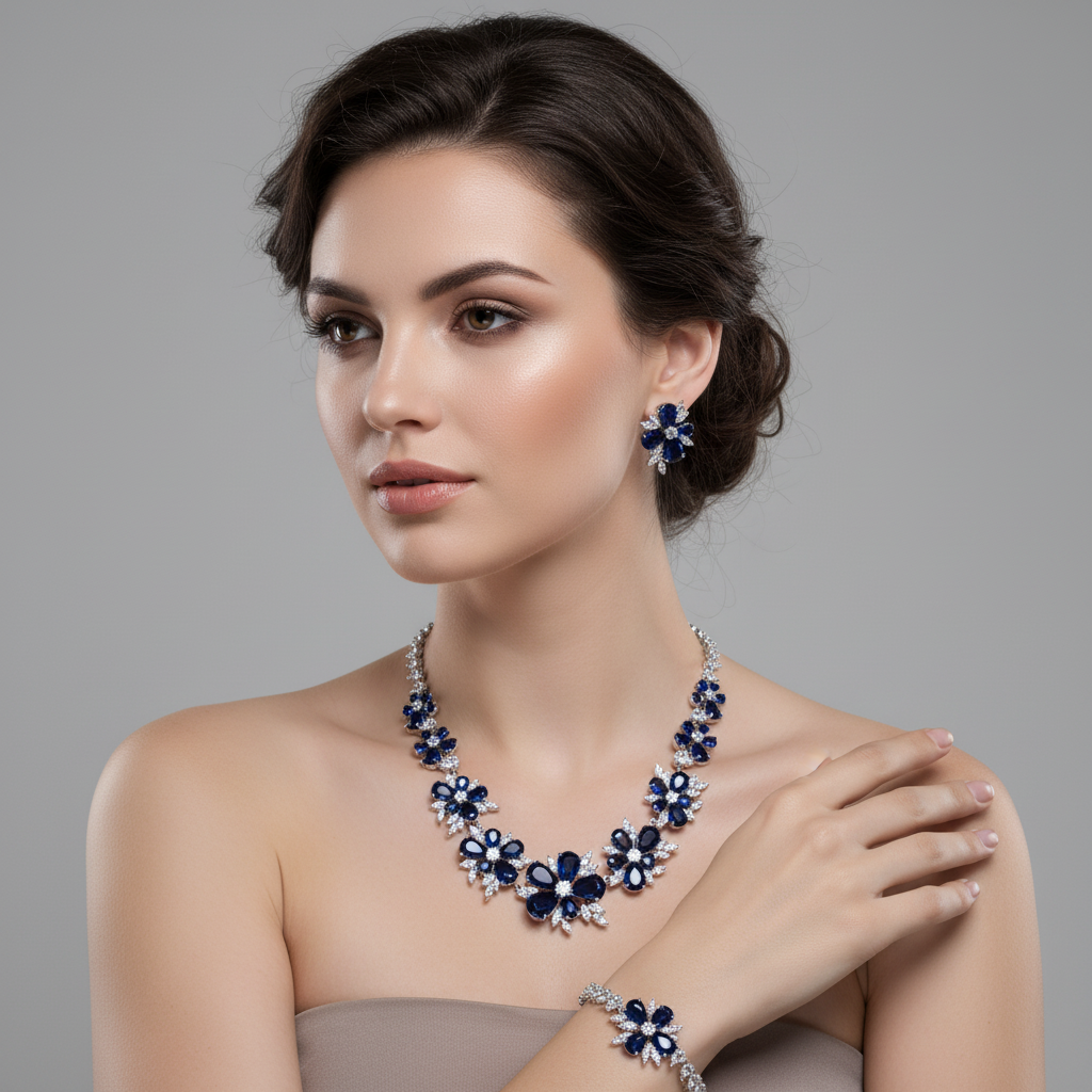 Elegant Rhodium-Plated Copper Floral Jewelry Set with Green Zircon Blossoms and Micro-Pave Crystal Accents