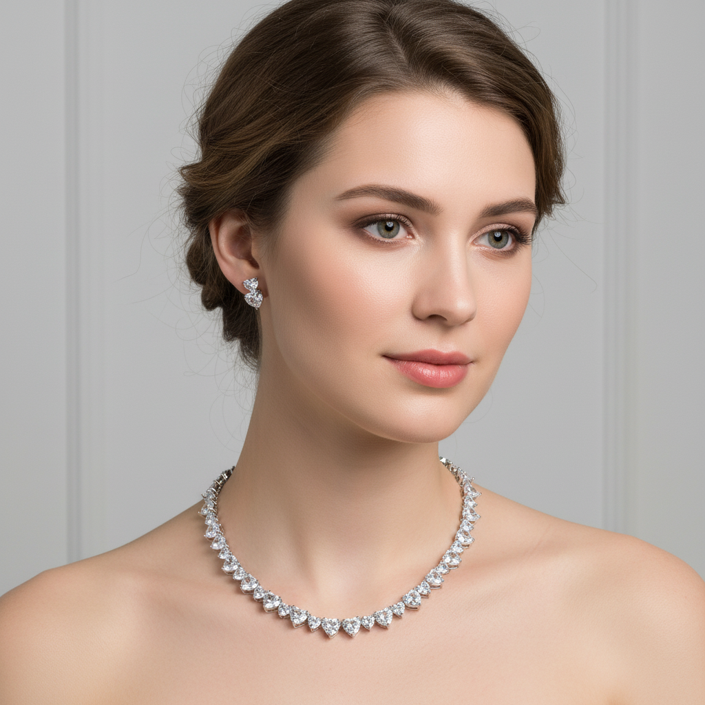Elegant Gold-Plated Copper & Cubic Zirconia Jewelry Set with Heart-Shaped Emerald CZ and Micro-Pave Detailing