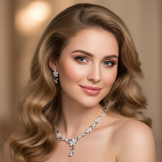 Elegant Rhodium-Plated Copper CZ Floral Jewelry Set with Micro-Pave Blossoms and Scrollwork Detailing