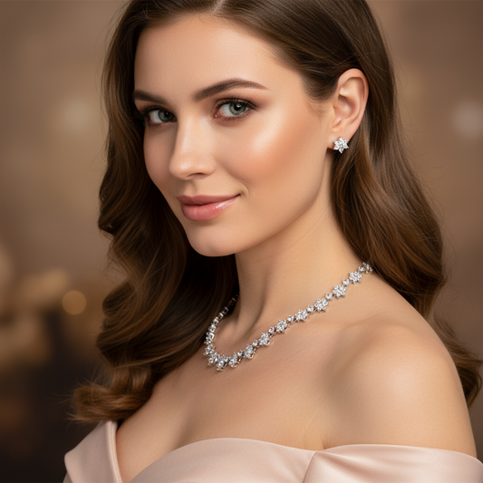 Elegant Rhodium-Plated Copper Floral Jewelry Set with Cubic Zirconia Blooms Sapphire Crystal Star Statement Necklace Stud Earrings