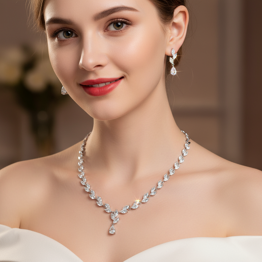 Elegant Rhodium-Plated Copper CZ Necklace & Earring Set with Teardrop Pendant and Floral Chain Detailing