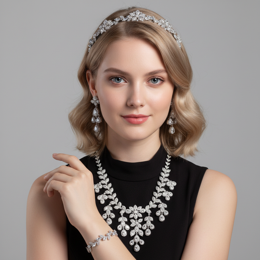 Elegant Rhodium-Plated Copper & CZ Floral Jewelry Set with Emerald Green Gemstone Accents and Micro-Pave Detailing