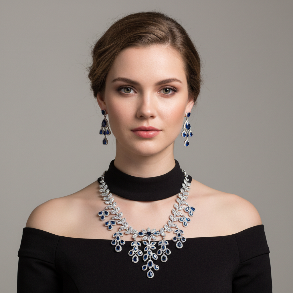 Elegant Rhodium-Plated Copper & CZ Floral Jewelry Set with Emerald Green Gemstone Accents and Micro-Pave Detailing
