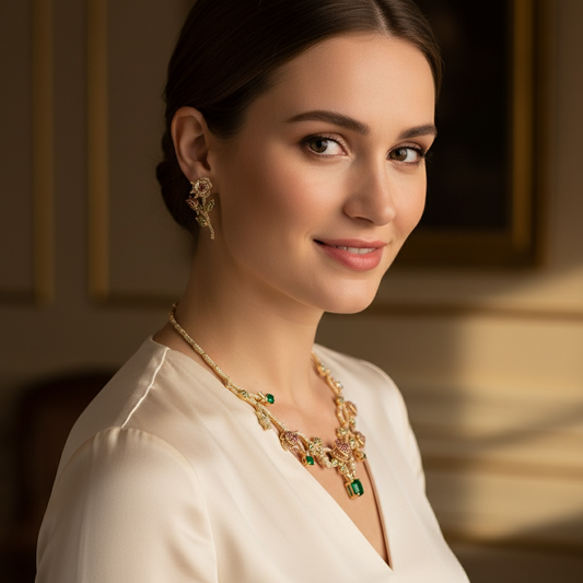 Luxury 14K Gold-Plated Copper Rose Jewelry Set with Pink & Emerald Cubic Zirconia and Micro-Pave Leaf Accents