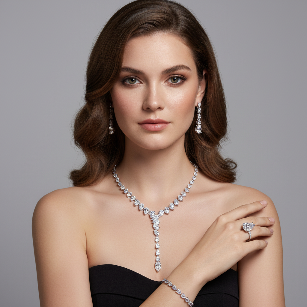 Elegant Rhodium-Plated Copper & Zircon Jewelry Set with Green Teardrop Gems and Pearl Accents