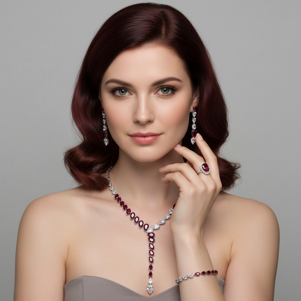 Elegant Rhodium-Plated Copper & Zircon Jewelry Set with Green Teardrop Gems and Pearl Accents