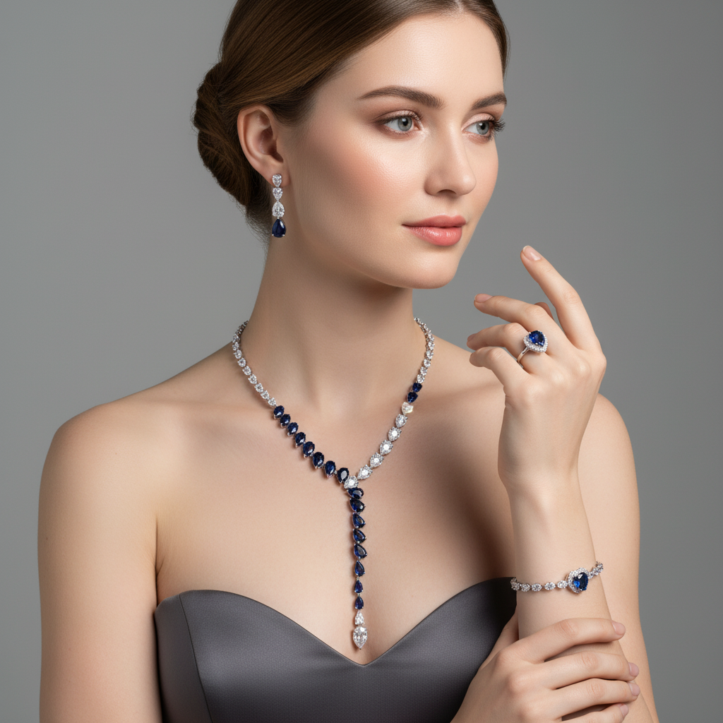 Elegant Rhodium-Plated Copper & Zircon Jewelry Set with Green Teardrop Gems and Pearl Accents